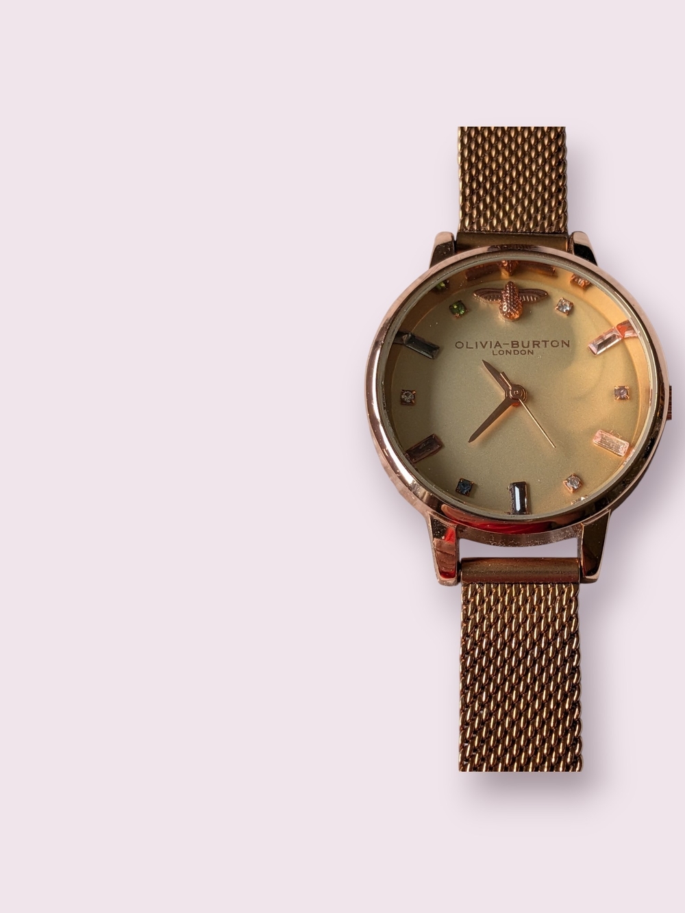OLIVIA BURTON Rose Gold Mesh Watch with Champagne Dial and Bee Motif